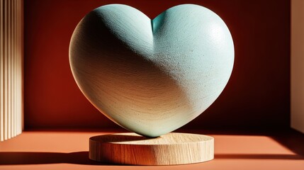 Heart-shaped sculpture in soft blue resting on a wooden base with natural light and warm background