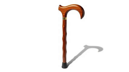 Fototapeta premium Elegant wooden walking cane with curved handle and shadow on white background