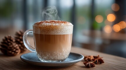Warm coffee drink with frothy milk served in a cozy cafe setting during late afternoon