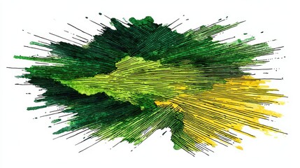 Abstract Green and Yellow Pixelated Explosion on White Background