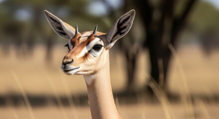 Gerenuk standing upright on hind legs while browsing leaves from tall shrubs. A unique African antelope known for its long neck, slender body, and graceful posture.