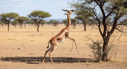 Gerenuk standing upright on hind legs while browsing leaves from tall shrubs. A unique African antelope known for its long neck, slender body, and graceful posture.