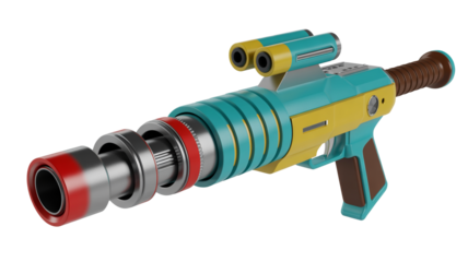 Dynamic sci-fi blaster weapon asset for gaming, virtual reality, and futuristic marketing visuals on transparent background.