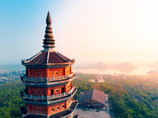 Panoramic aerial drone view of bai dinh pagoda at sunrise in Ninh Binh, Vietnam