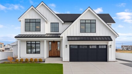 A beautiful two-story home showcases a sleek design with white siding and large windows. Freshly manicured grass and colorful bushes create a welcoming atmosphere in the sunny neighborhood