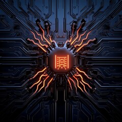 minimalist design featuring a glowing AI core encased within an elegant, symmetrical circuit