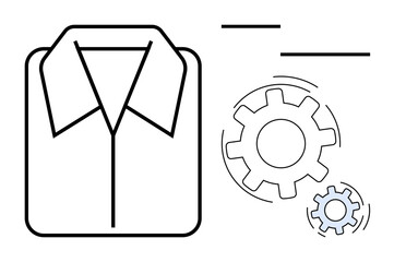 Fashion design, clothing production, textile industry, automation, apparel innovation, gear mechanics. A shirt outline and gear symbols collaboration. Fashion design and clothing production concept