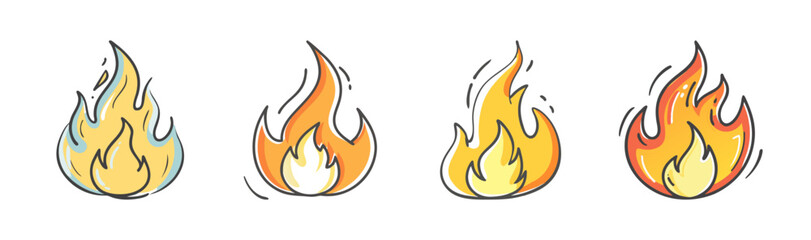 Collection of hand-drawn vibrant fire flame icons for warmth and energy concepts
