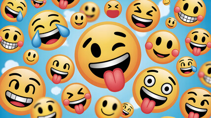 Collection of laughing and winking face emojis on a blue background
