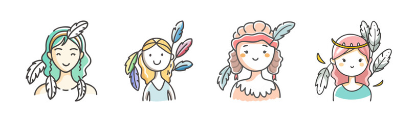 Cute doodle characters with natural and bohemian inspired feather and leaf adornments
