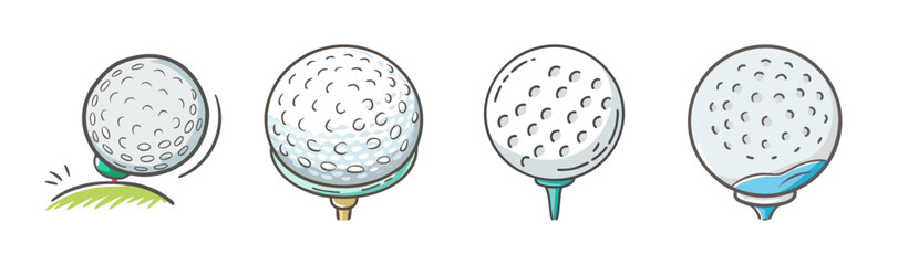 Illustrative set of golf balls on various types of tees showcasing different styles