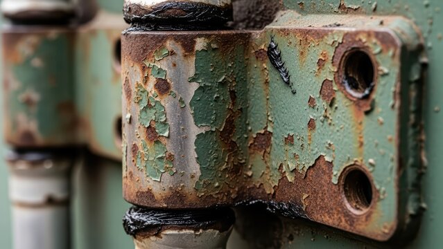 Close-up of rusty metal hinge with worn green paint and weathered texture