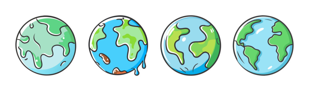 Illustrations showing different states of earth highlighting climate change and global warming