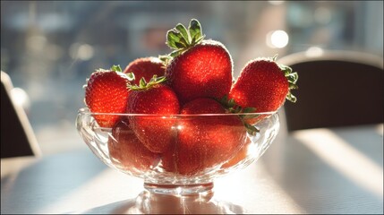 Bowl of Fresh Red Strawberries Illuminated by Sunlight on Wooden Table in Bright and Airy Room with Blurred Background