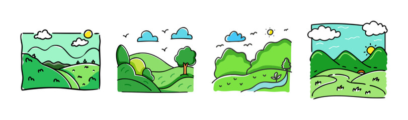 Lively cartoon landscapes illustrating vibrant nature scenes with hills, sun, and clouds
