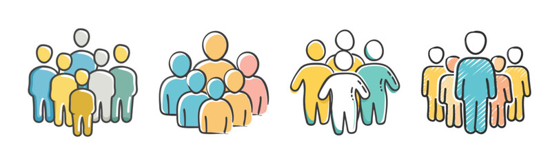 Diverse groups of stylized people icons representing community, teamwork, and social connection