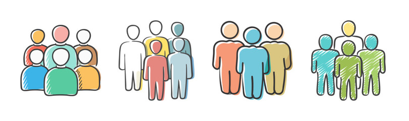 Diverse colorful hand-drawn people group icons representing community and team