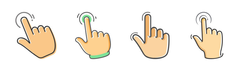 Animated hand tap and click gesture icons for touch screen interface and digital interaction
