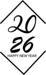 Happy New Year 2026 typography icon vector. Celebration greeting text symbol, festive holiday celebration banners, greeting card, poster element in black style isolated on transparent background.