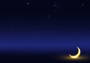 Fototapeta premium Golden Crescent Moon Glowing in a Deep Blue Starry Night Sky with Cosmic Nebula and Copy Space