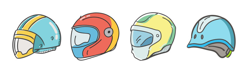 A vibrant collection of safety helmets for various sports and vehicles, showcasing diverse styles