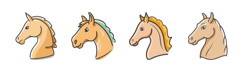 A collection of charming cartoon horse head illustrations featuring diverse mane colors © SulaimanIslam