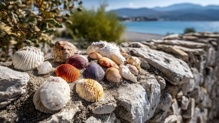 Assorted Seashells Displayed on Stone Wall by Tranquil Seashore with Turquoise Water Under Sunny Skies In Daytime