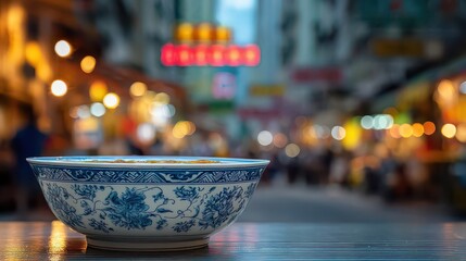 Close Up of Blue and White Bowl on Wet Surface with Bokeh Lights Background in City Street