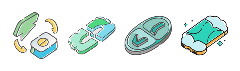Isometric icons illustrating various aspects of medication, health, and wellness
