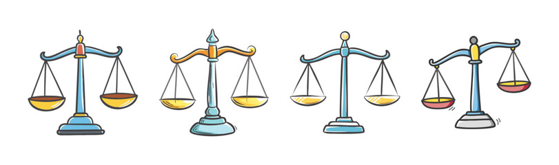 Hand-drawn illustration set of weighing scales symbolizing justice, balance, and fairness
