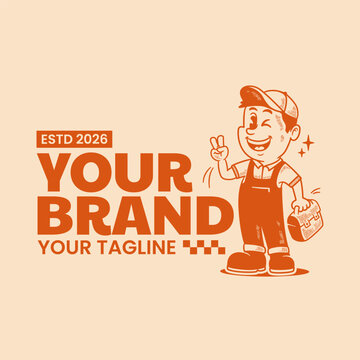 Retro handyman mascot character illustrated in a classic hand-drawn vintage cartoon style. This vector illustration is suitable for logo templates, repair service branding