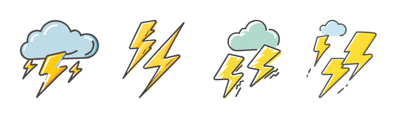 Collection of hand-drawn cartoon weather icons featuring clouds, lightning, and rain