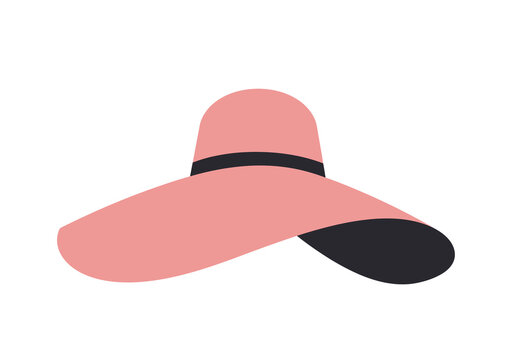 A pink sun hat with a black ribbon and brim viewed from the front