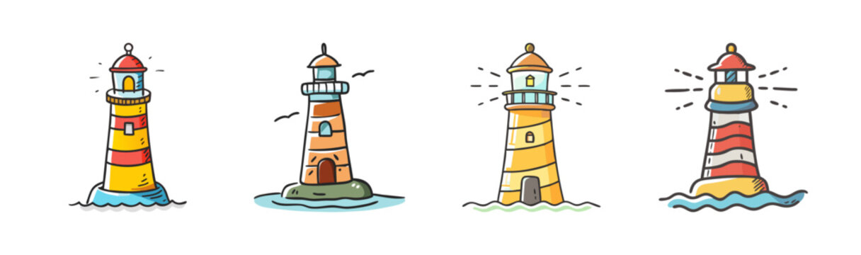 Colorful collection of four charming cartoon lighthouses with a whimsical touch
