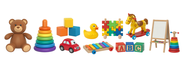 Adorable assortment of classic children's educational toys for retail and marketing on transparent background.