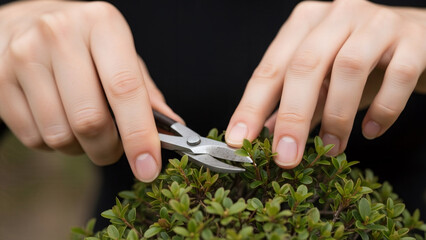 Hands pruning bonsai foliage with small scissors, bonsai discipline shown through precise movements, bonsai care reflecting patience and control, bonsai visual perfect for zen practice, mindful garden