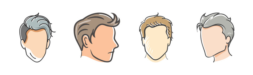 Diverse collection of male head illustrations showcasing various modern hairstyles and cuts