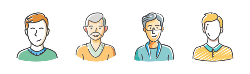 Diverse group of male avatar icons representing different ages and styles in a hand-drawn sketch