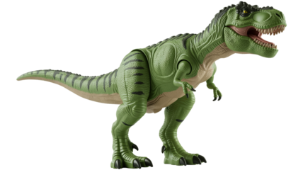 Impressive green Tyrannosaurus Rex dinosaur toy for exciting children's product advertisements on transparent background.