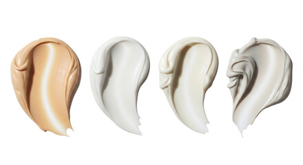 Four luxury cosmetic cream swatches and texture smears on a transparent background