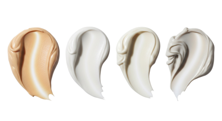 Four luxury cosmetic cream swatches and texture smears on a transparent background