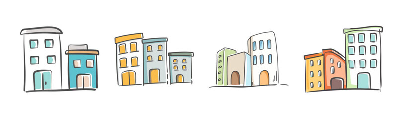 Whimsical hand-drawn city skyline illustration with charming colorful cartoon buildings