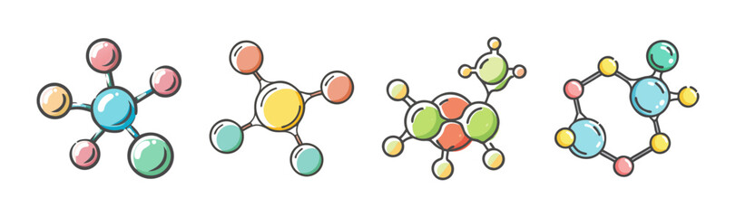 A vibrant collection of hand-drawn molecule structures, illustrating basic chemistry concepts with colorful atoms