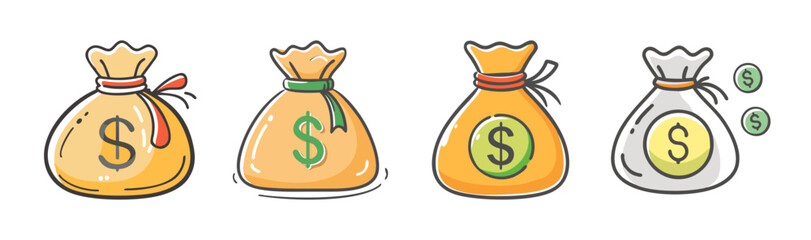 Collection of various cartoon money bags with dollar signs depicting finance and wealth