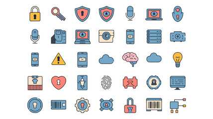 Fototapeta premium Collection of various security and technology icons including locks, shields, and digital elements