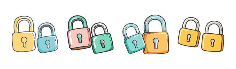 Colorful hand-drawn padlocks in various sizes and hues representing security