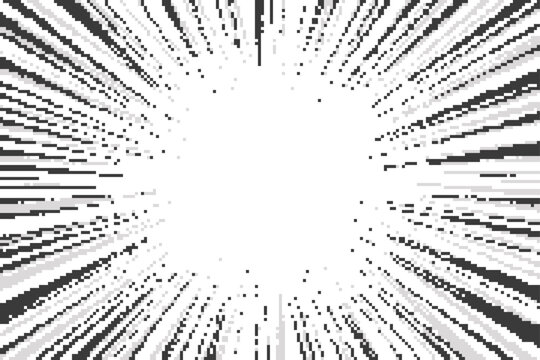 Comic background with pixel pattern. Speed lines explosion and burst with abstract digital bitmap texture. Vector radial sun rays on white backdrop.