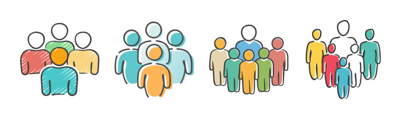 Colorful hand-drawn people icons illustrating community, team, and social groups