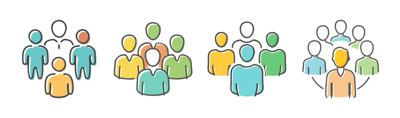 Diverse groups of people icons illustrating team collaboration, social network, and community building