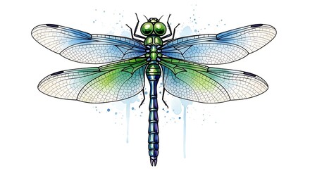 A vibrant illustration features a dragonfly with detailed wings. The insect has a segmented body, intricate wing patterns, & vivid colors